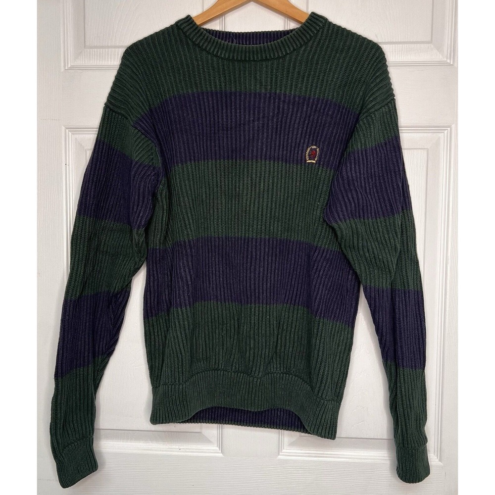 Vintage Tommy Hilfiger Mens L Green/BlueStriped Knit Sweater 100 Cotton Gorpcore